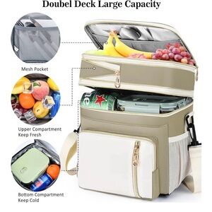 Insulated Double-Deck Lunch Cooler Bag in Beige and White